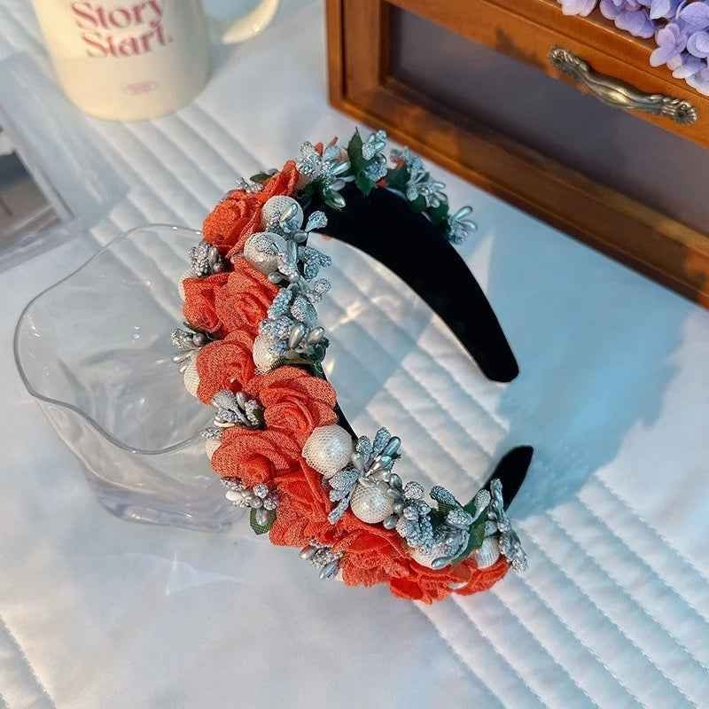 Baroque Pearl Rose Headband Luxury Fabric Flower Hair Band Wedding Party Accessory - Image 6